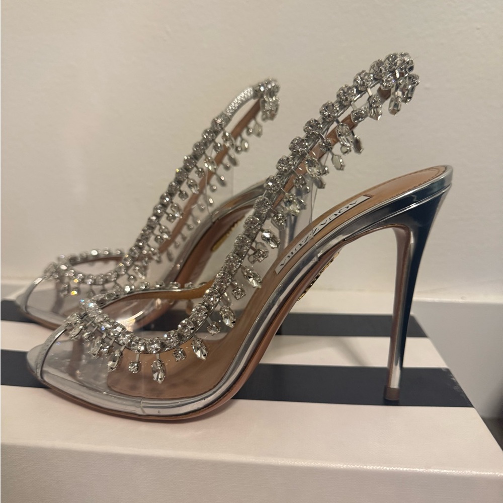 Aquazzura Silver Crystal Embellished Heels 105